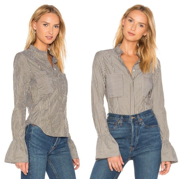 NWT Frame Bell Sleeve Stripe Blouse in Sage Medium - Picture 1 of 8